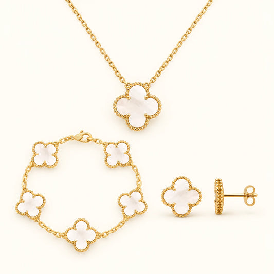 Coffret N°2 Collier, Bracelet et Boucles d'oreilles Doré/Nacré blanc